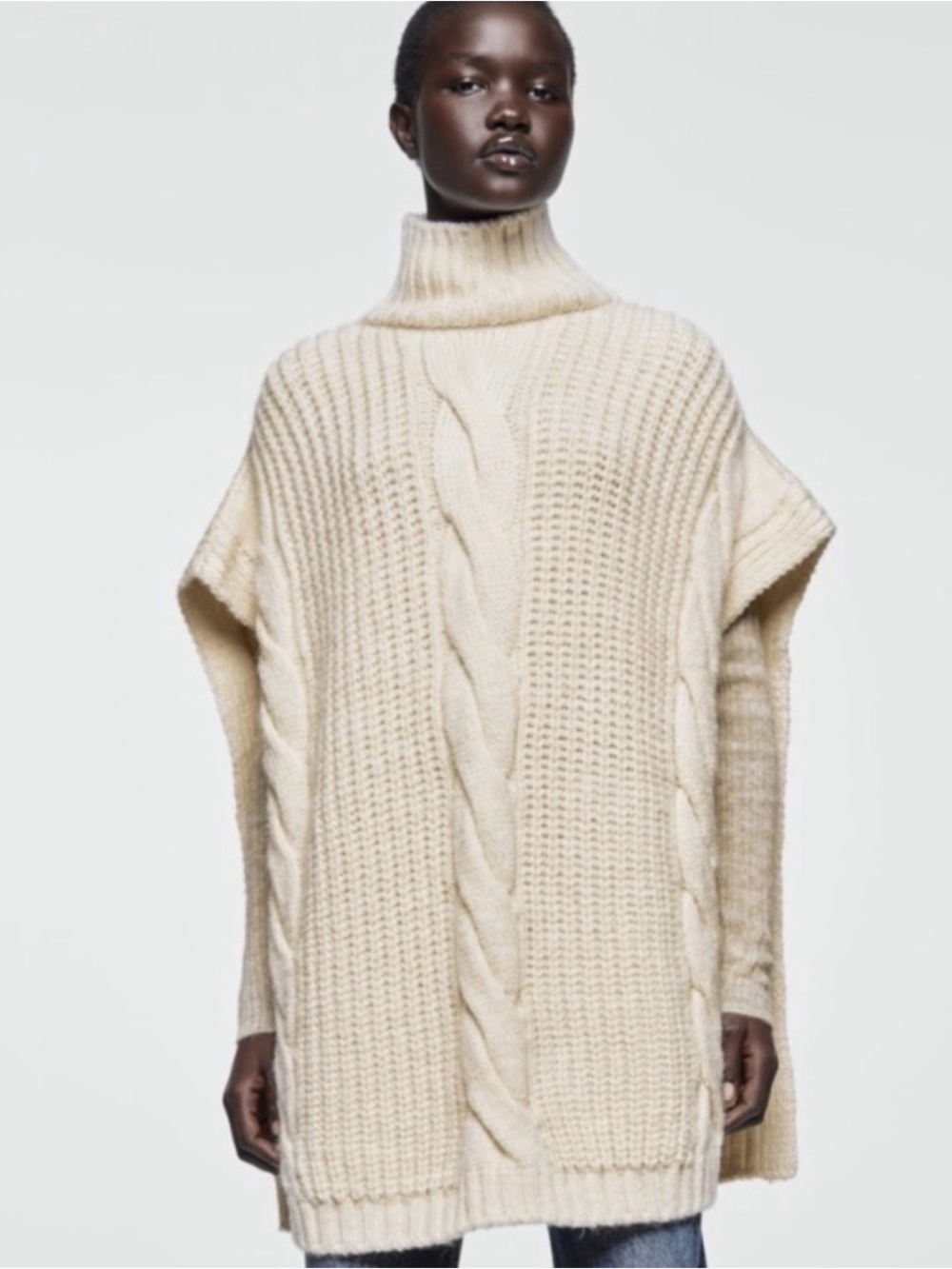 Cream Cable Knit Turtleneck Women's Cape Sweater Poncho
